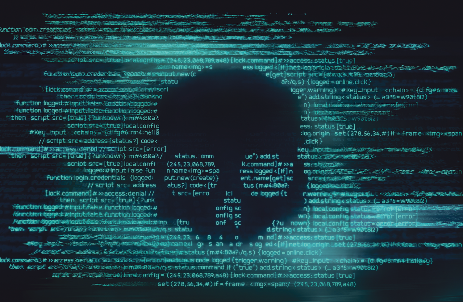 Die Darstellung eines schwarzen Totenkopfs innerhalb hellblauer IT-Codes.